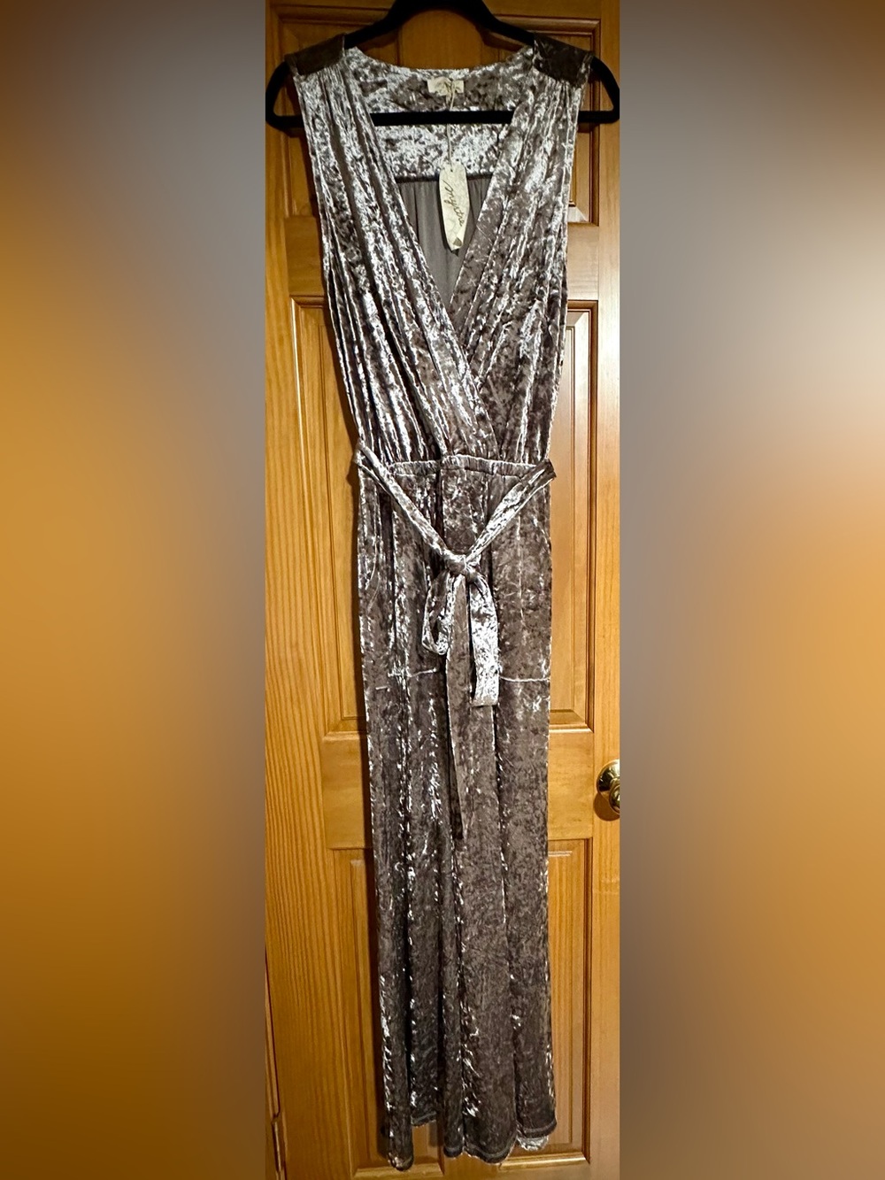 Mystree Velvet Junpsuit in Silver with pale plumb undertones NWT